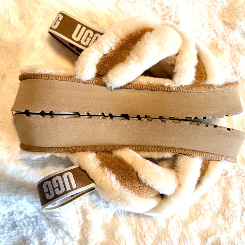 UGG Disco Cross Slides - Very Plush Sandals in Cream and Tan - Picture 2 of 7